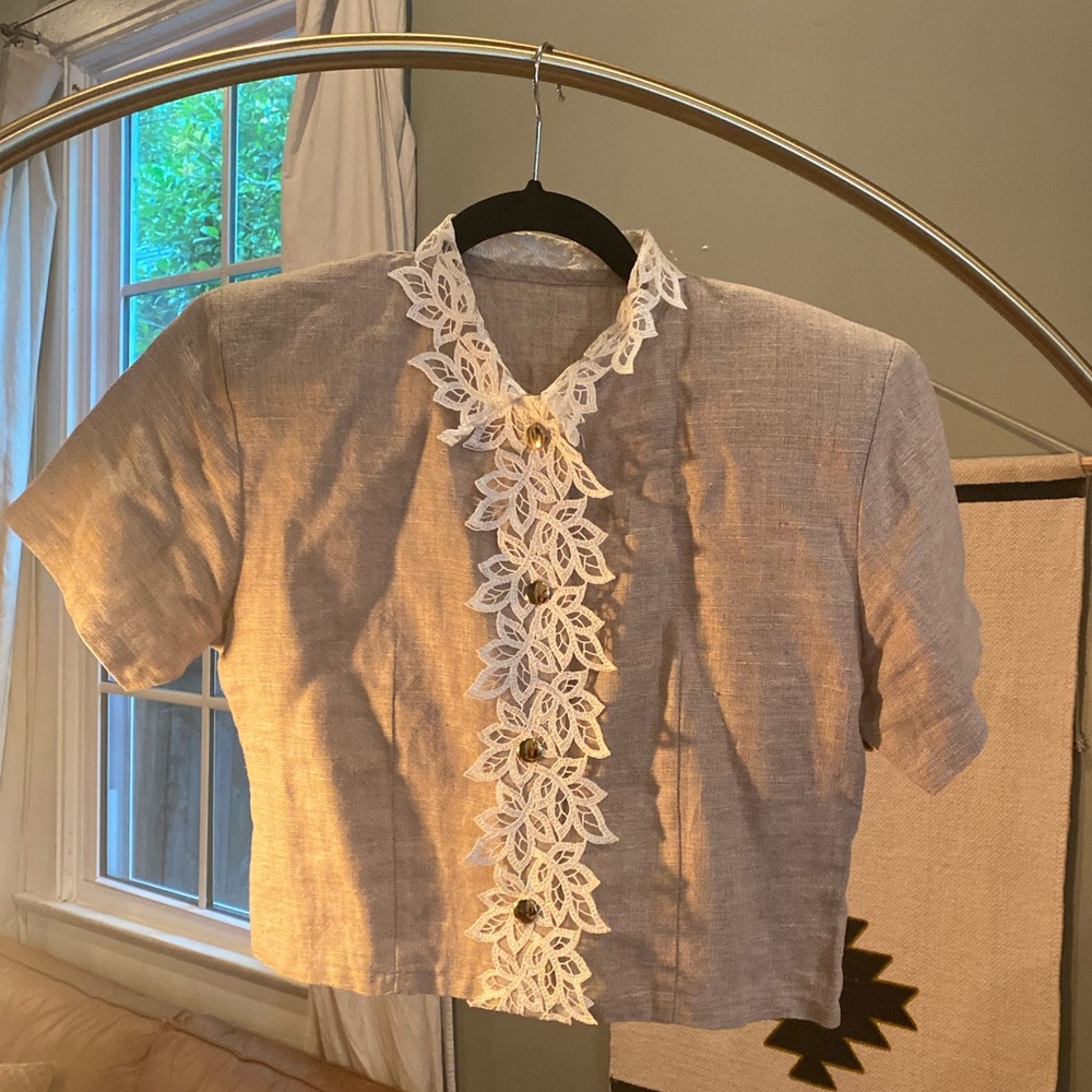 Vintage Linen Cropped Button-Up with Embroidery